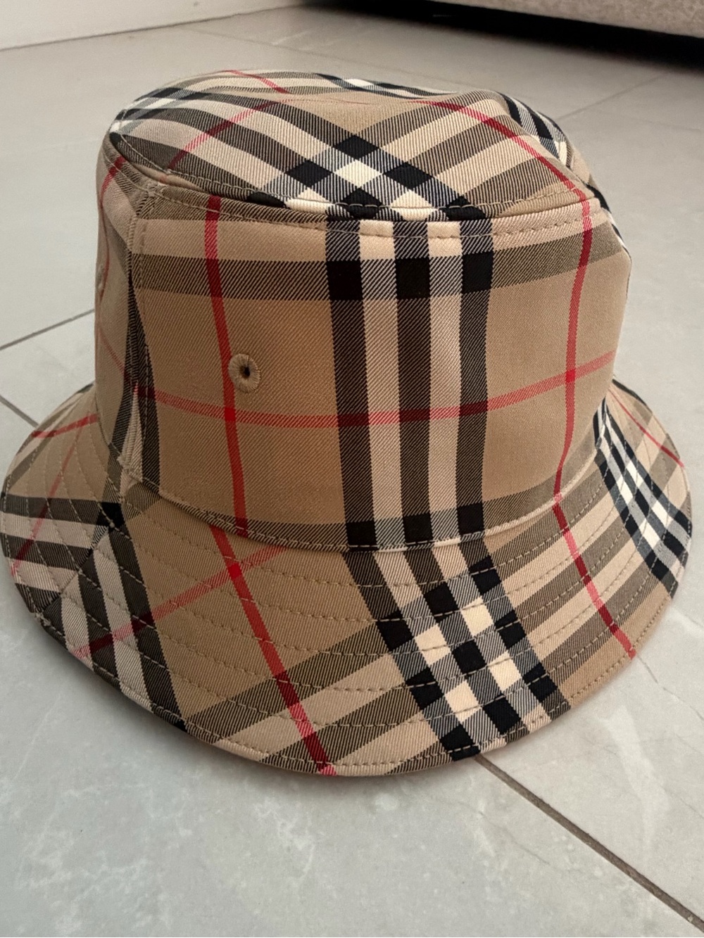 Burberry Tan Check Bucket Hat with Black & Red Accents